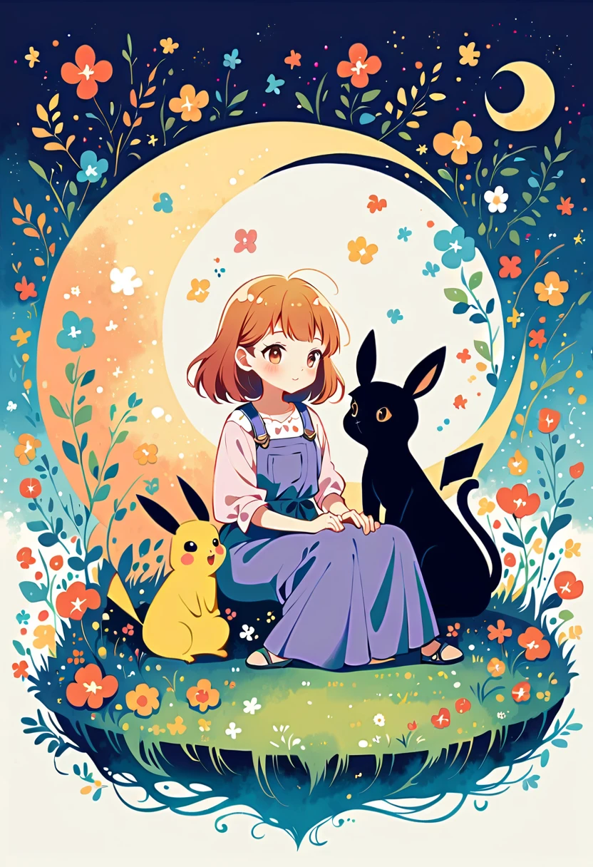 Illustrate a whimsical scene featuring a black cat sitting on a crescent moon, adding elements of Pikachu. The background should be a dreamy sky with shades of purple and orange. Include Pikachu sitting or interacting with the cat on the moon, both looking cute and friendly. Use soft, pastel colors to maintain a magical and serene atmosphere. The overall vibe should be enchanting and charming, blending the elements seamlessly.