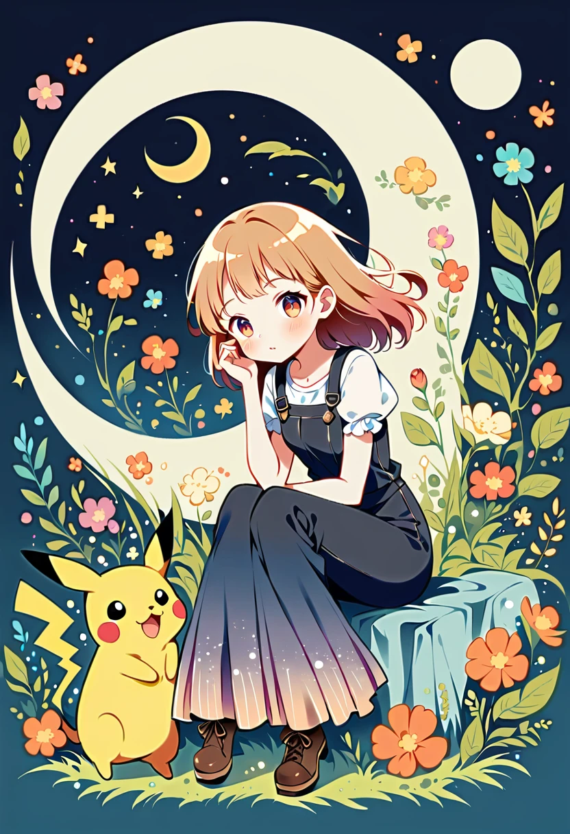 Illustrate a whimsical scene featuring a black cat sitting on a crescent moon, adding elements of Pikachu. The background should be a dreamy sky with shades of purple and orange. Include Pikachu sitting or interacting with the cat on the moon, both looking cute and friendly. Use soft, pastel colors to maintain a magical and serene atmosphere. The overall vibe should be enchanting and charming, blending the elements seamlessly.