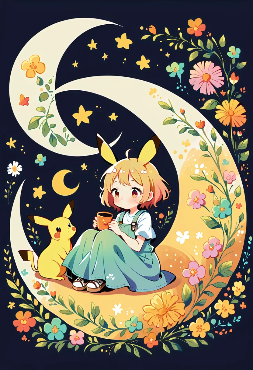 Illustrate a whimsical scene featuring a black cat sitting on a crescent moon, adding elements of Pikachu. The background should be a dreamy sky with shades of purple and orange. Include Pikachu sitting or interacting with the cat on the moon, both looking cute and friendly. Use soft, pastel colors to maintain a magical and serene atmosphere. The overall vibe should be enchanting and charming, blending the elements seamlessly.