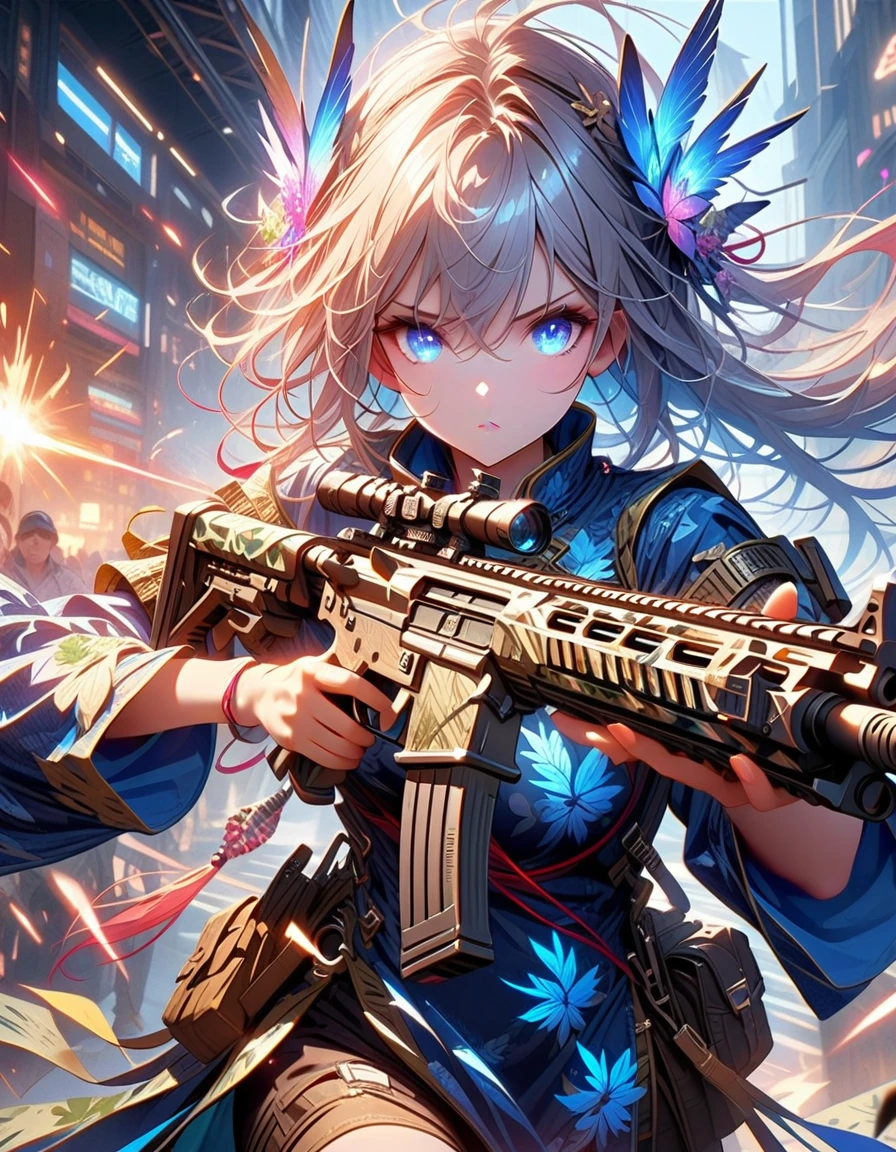 Young beautiful woman_Focused,Robot with long flowing hair(Night camouflage_Chinese Clothing:1.9),(assault rifle high speed shooting:1.7),(motion blur effect:1.5),Chaos in the casino,crazy,destroy,(Best quality,4K,8K,high resolution,masterpiece:1.2),Ultra Detailed,(reality,reality感,reality感:1.37),Detailed facial features,Intricate clothing patterns,Striking pose,Dramatic lighting,Film composition,Vibrant colors,And the dystopian atmosphere,
