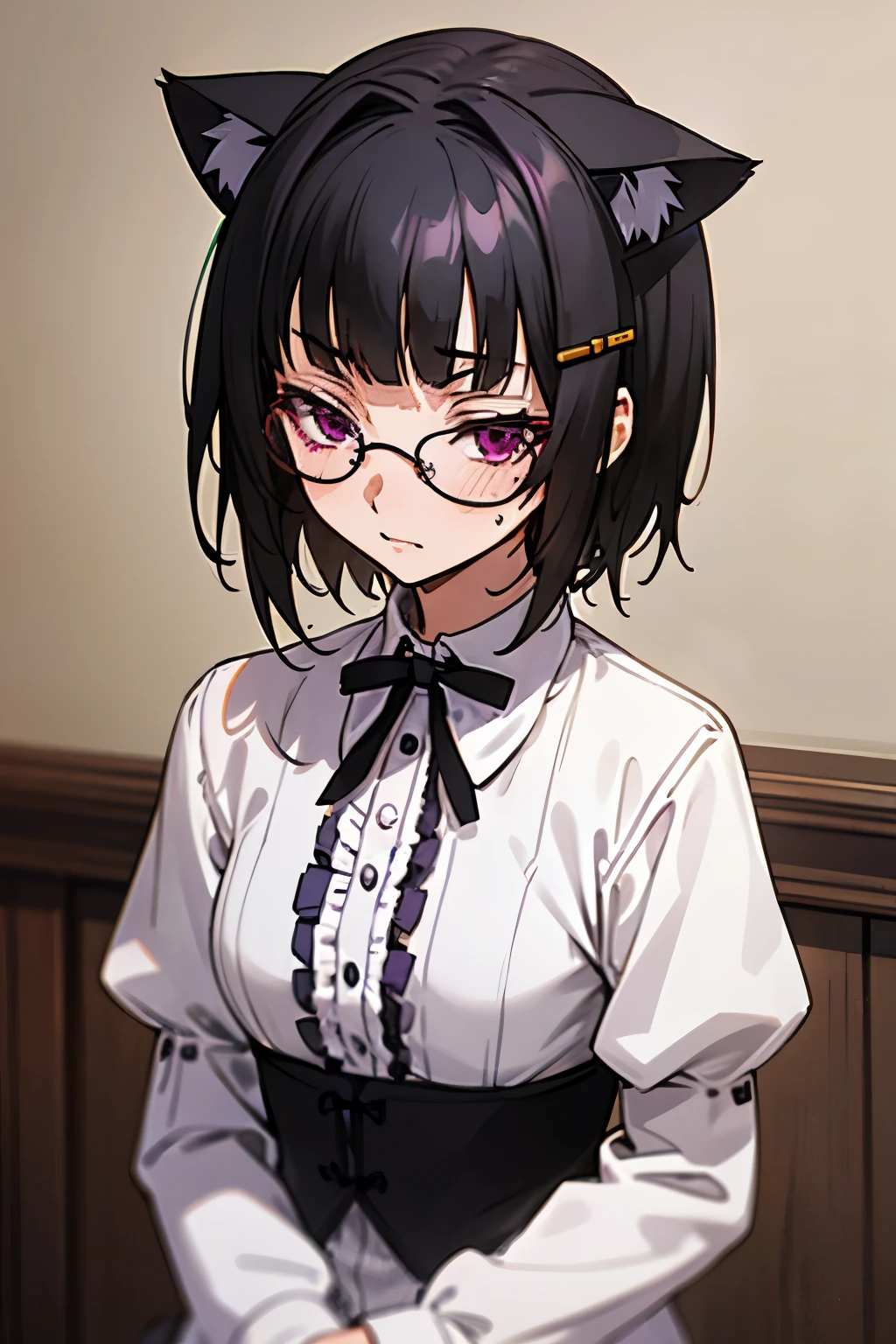 a girl, souna sitri, short hair, black hair, hair ornament, glasses, hairclip, bangs, blunt bangs, (purple eyes:1.1), cute, frills, laces, cat ears, stunned, thee-through, wet, sweat, bedroom,