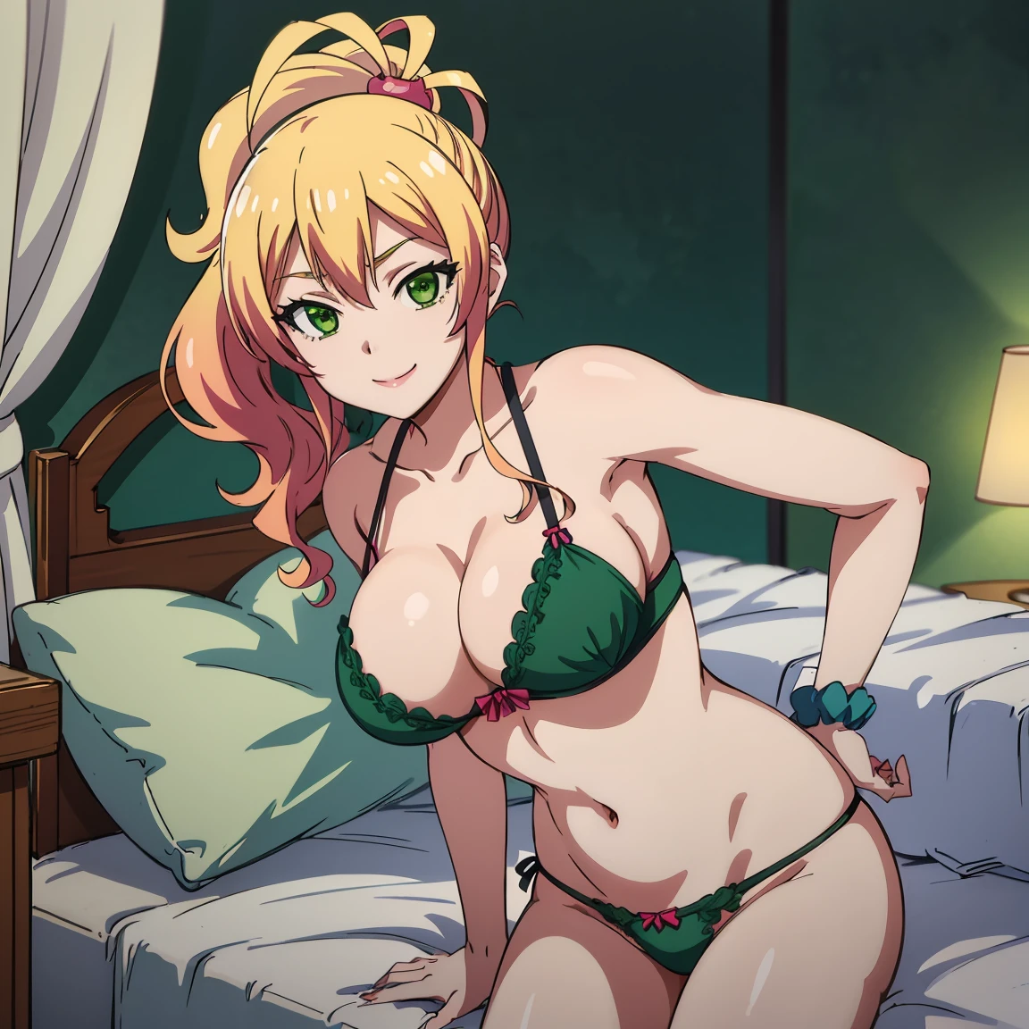 solo , 1girl , looking at viewer , milf  , yukana yame, long hair, bangs, blonde hair, hair between eyes, (green eyes:1.5), ponytail, multicolored hair, scrunchie, high ponytail, lipstick, gyaru, kogal, makeup, green bra and panties , bedroom , smile , cowboy pose 