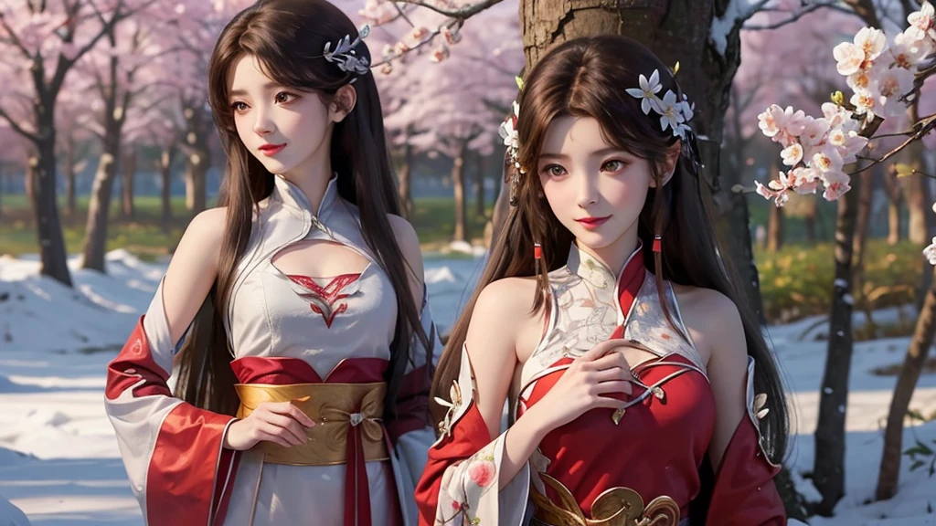 Beautiful girl with long brown hair, bright brown eyes, sweet smile, snow white skin,Her long hair is decorated with red mulberry flowers 🏵️,The girl wore a simple white hanfu with a red cloth tied around her waist, Forest setting filled with mulberry tree ,sakura blossoms, beautiful oriental look in simple hanfu ,