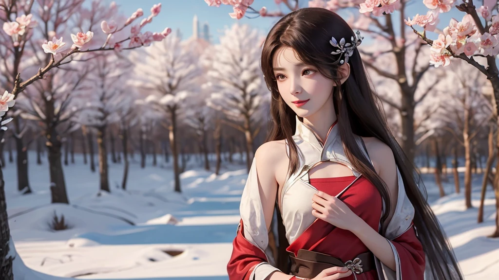 Beautiful girl with long brown hair, bright brown eyes, sweet smile, snow white skin,Her long hair is decorated with red mulberry flowers 🏵️,The girl wore a simple white hanfu with a red cloth tied around her waist, Forest setting filled with mulberry tree ,sakura blossoms, beautiful oriental look in simple hanfu ,