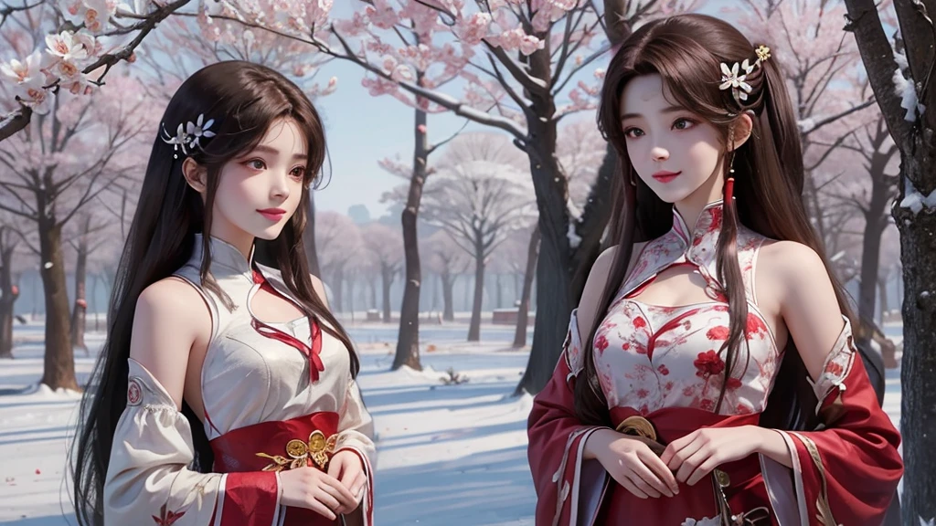 Beautiful girl with long brown hair, bright brown eyes, sweet smile, snow white skin,Her long hair is decorated with red mulberry flowers 🏵️,The girl wore a simple white hanfu with a red cloth tied around her waist, Forest setting filled with mulberry tree ,sakura blossoms, beautiful oriental look in simple hanfu ,