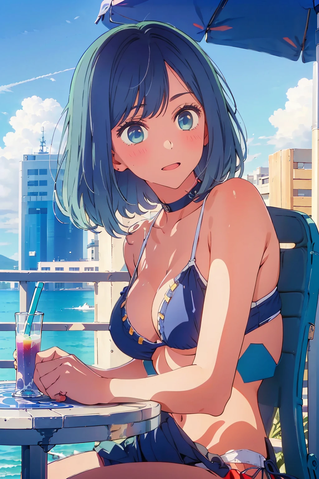 (Highest quality:1.4、8K:1.4、detailed)、F cup bust、Big Breasts、Slim body、Very white beautiful skin、((((1 person、Surprised expression、sit、Chair、In the background are the urban buildings of Tokyo、looking at the camera、Outdoor café terrace、coastal、Navy hair color、juice、White side string high leg bikini、Shooting up close、table、Very cute face))))、(Her bikini is open:1.4)、Very blue sky、A completely cloudless sky