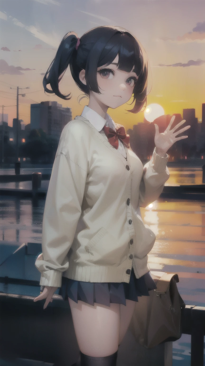 One Girl, (Sunset sky), Standing and waving, School Area, Cityscape, scenery, School Cardigan, (Sleeves are longer than the wrist), Powerful loafers, Black ash two side up hair, Blunt bangs, Beautiful dark eyes, Black knee socks, Cinema Lighting, Upper Body, :3,