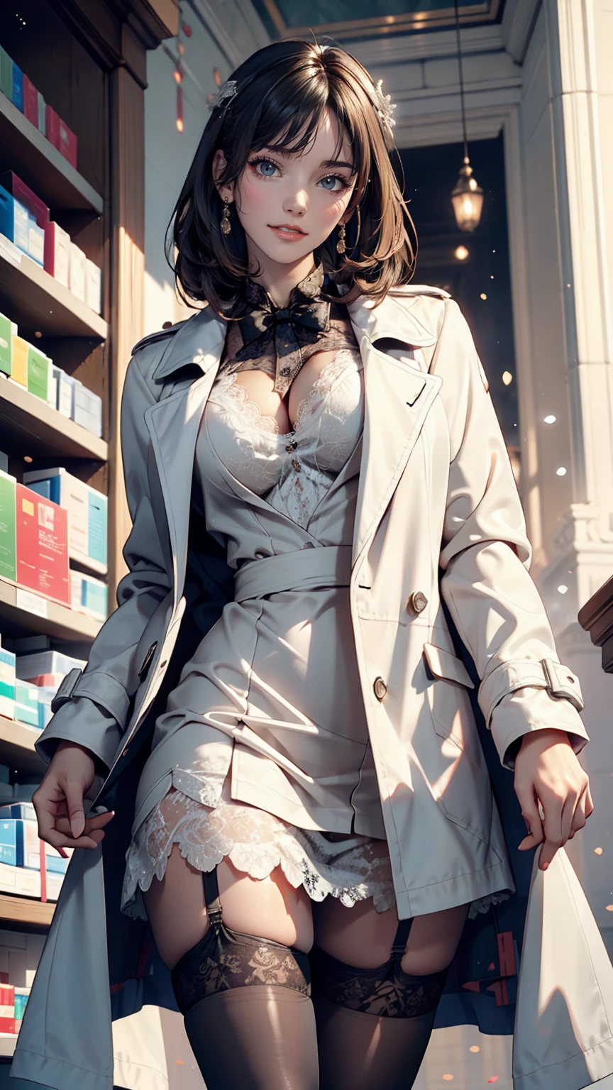pharmacist、Wearing a lace-decorated dress and a white coat、Wear a micro mini skirt、Wear black stockings、In the pharmacy、Smiling 24 year old Caucasian woman、Sexy、Sexy proportions