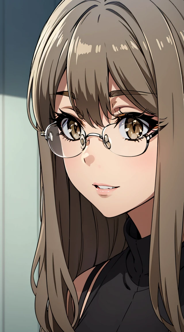 (masterpiece, best quality), intricate details, thin, ((slim)), beautiful girl, perfect face, expressive eyes, 1 girl, alone,riofutaba, rio futaba, black-framed eyewear, (brown eyes:1.7), glasses, (grey hair:1.2), hair between eyes, over-rim eyewear, semi-rimless eyewear, long hair, sidelocks, white skin, sharp jawline, dress, messy hair, plump lips, upper body, close up, smile, closed mouth,