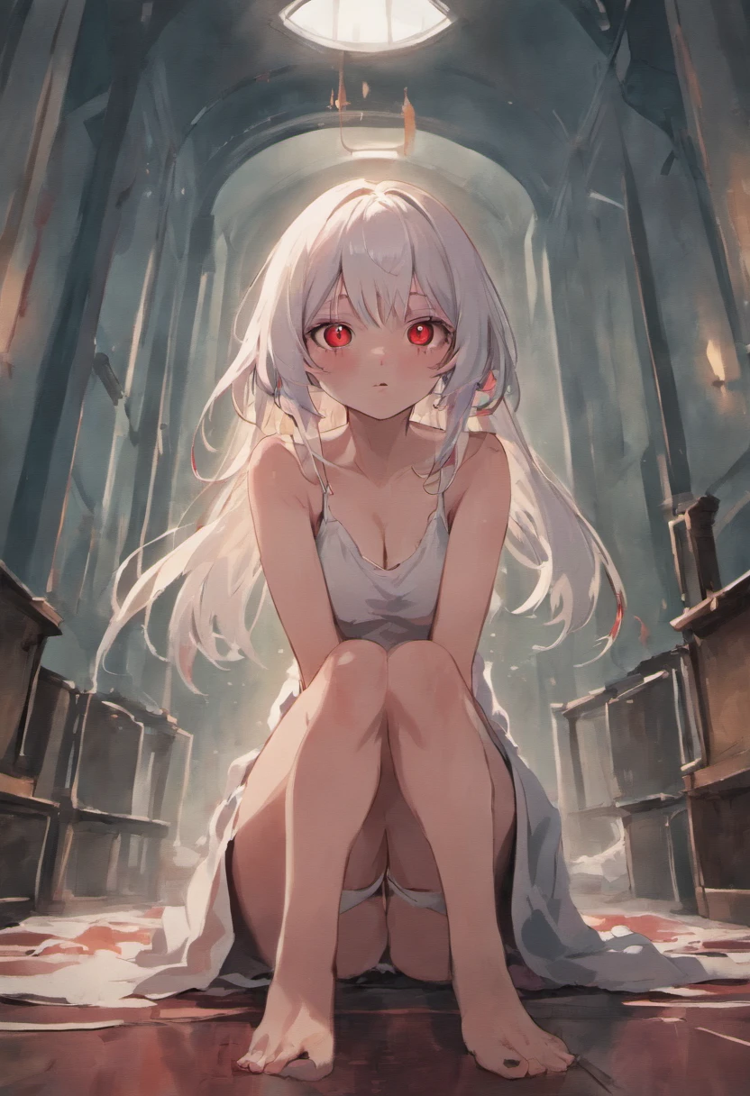 "((Masterpiece, top quality, high resolution)), (Female), (One character), (Alone), (Solo), (Ahoge, long white hair), (Faint glowing red eyes), (Bloodied straightjacket), (Red nails), (Sitting on knees and leaning forward), (Insane asylum, white room), (Blood everywhere), (Bloodied clothes), (Holding bloody knife), (Crazy, insane)