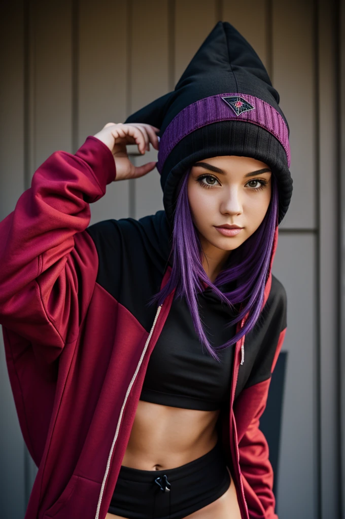 Purple haired. Red hoodie, black shorts, black beanie, witch hat