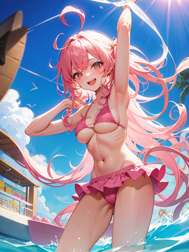Pink long hair Very big boobs Bikini Swimwear Raising his arms to show his armpits smile Location: Pool