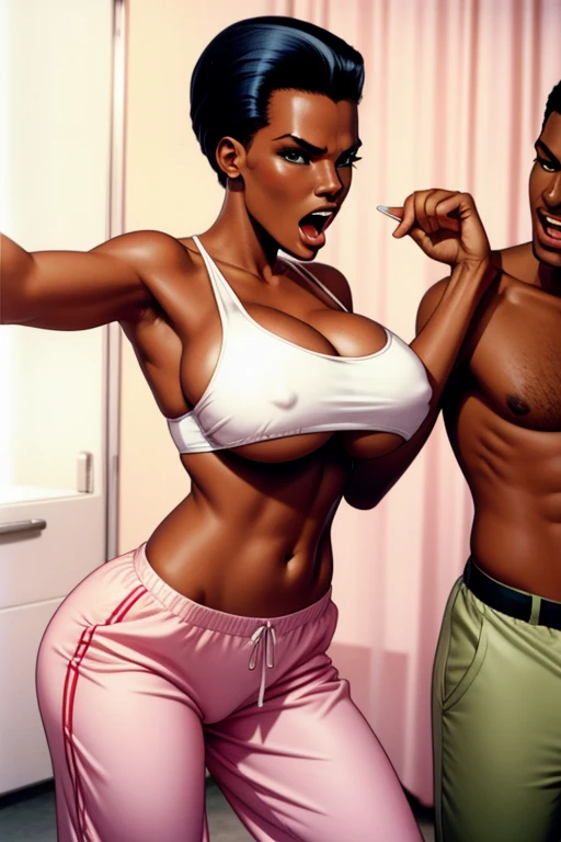 young Grace Jones, cleavage, white tank top, flashing panties, pyjama pants, breasts, sideboobs, grabbed by a guy, screaming