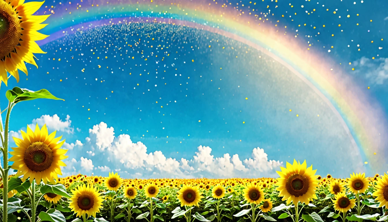 Yellow flowers and sparkly rainbow background、Cinematic、sunflower
