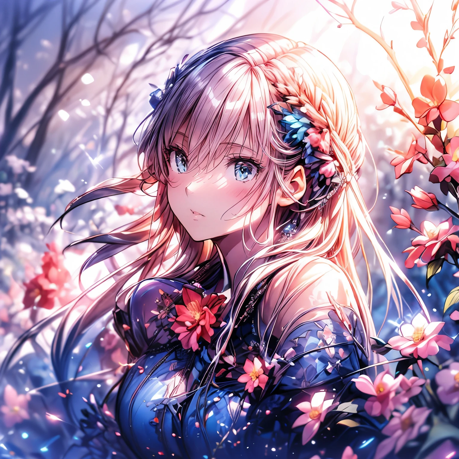 masterpiece: 1.2, High resolution,32k, Realistic: 1.37, Super detailed: 1.2, Flower Fairy, Crimson transparent dress (Flowing), Beautiful delicate(hair,face,eye,lips,thigh,Clothes),Delicate eyes,sparkling eye,brilliant rosy lips,Classical garden, Colorful flowers, Shower of light