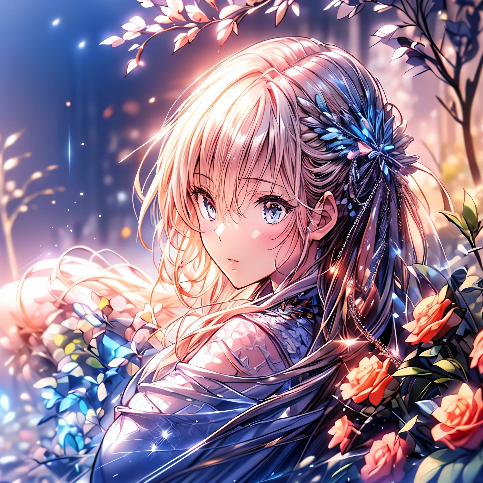 masterpiece: 1.2, High resolution,32k, Realistic: 1.37, Super detailed: 1.2, Flower Fairy, Crimson transparent dress (Flowing), Beautiful delicate(hair,face,eye,lips,thigh,Clothes),Delicate eyes,sparkling eye,brilliant rosy lips,Classical garden, Colorful flowers, Shower of light