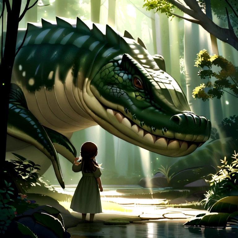 Develop an extraordinarily realistic and cinematic visual representation that captures the energy and emotion of a magical scene, where a joyfuly malay (young girl) runs freely through a lush forest ,lake, while playfully interacting with a majestic big crocodile. In the image, the soft light filtered through the treetops illuminates the forest canopy, creating a charming play of light and shadow around them. The radiant expression on the girl's face reflects pure joy and a sense of adventure, while the crocodile conveys an affectionate tenderness in its movements and gentle gazes. Meticulous details, from the textures of the trees and the moss on the ground to the fluid movements of the girl and the crocodile, are skillfully designed to convey the beauty and harmony of the interaction between nature and the innocence of childhood