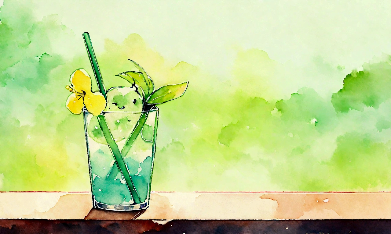Green flowers in a glass with a straw in it, 🌺 Society, by Oze Kanaoka, High definition watercolor 8k, High definition watercolor 8k, Relaxed and calm atmosphere, Artgasm, High definition background, Lo-fi art style, Chill Hop, Shiny digital painting, Lofi color, Official artwork, 16 :9
