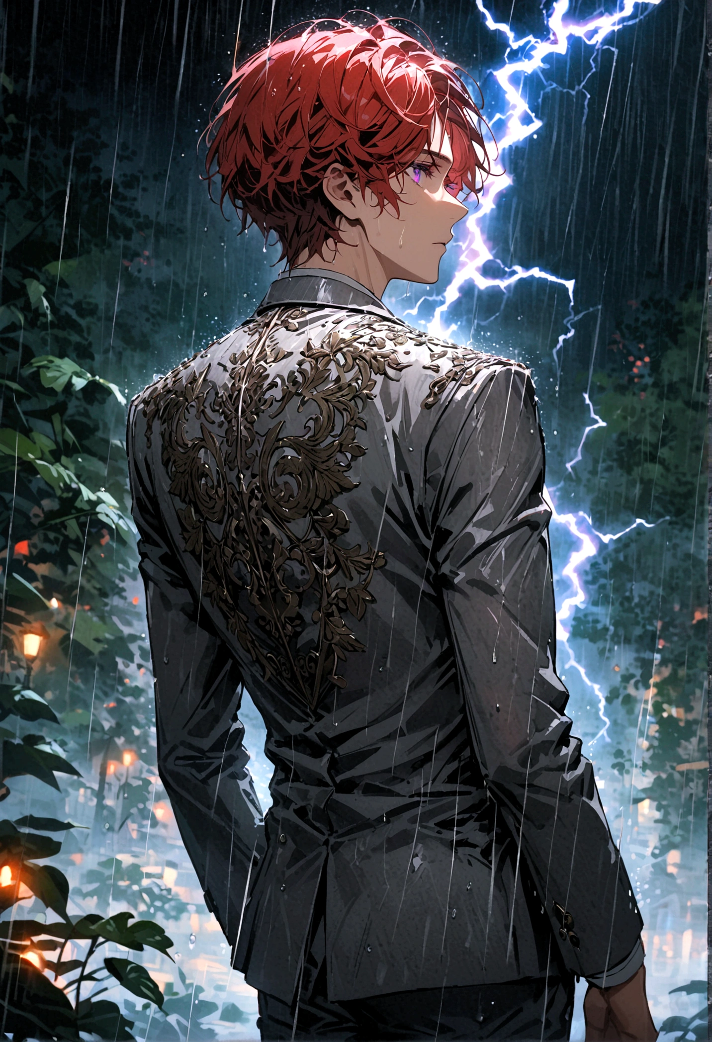A young man with red hair and purple eyes in a gray suit stood alone with his back turned halfway in the rain, with lightning all around him at night.