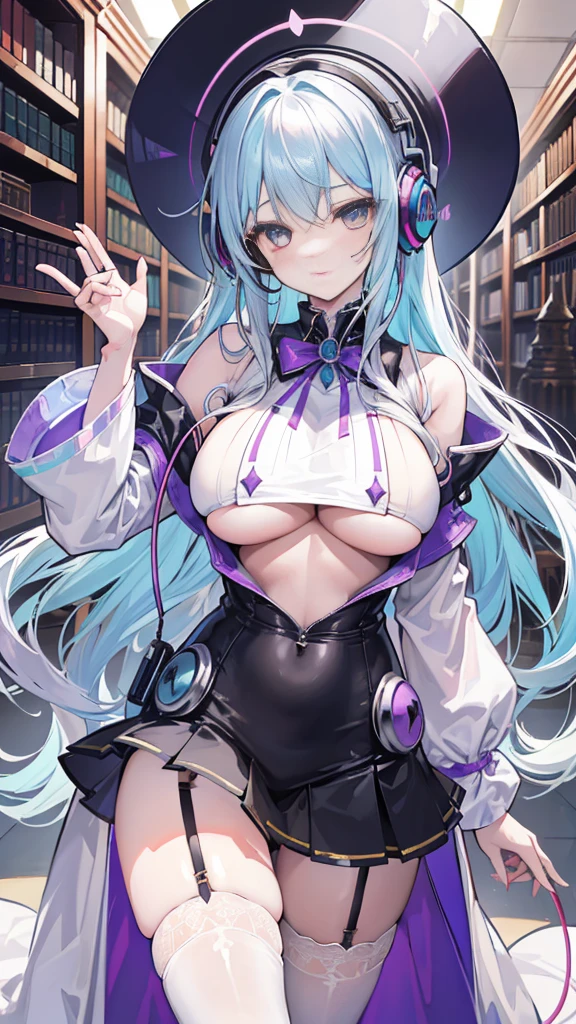 beautiful girl，((Cool colorful metal headphones))，White long hair，(curls)，Magician，(Magician长袍)，Black garter stockings，Wizard Hat，In the library，((underboobs))，((Below the ???????))，((Lower ???????))，(???????????)