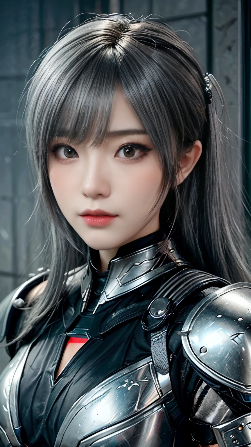 masterpiece,Game Art,Best image quality,Highest Resolution,8K,(Portraiture),Unreal Engine 5 rendering,(Digital photography),((Portraiture Feature:1.5)),
20-year-old girl,Short Hair Details,Long Bangs,(The red eye makeup is very careful),(of long gray hair:1.4),(big, Ample breasts),Elegant and noble,Brave and attractive,
(Futuristic armor combines features of ancient Chinese armor,Hollow Design,Power Armor,Mystical oriental runes,Delicate dress patterns,Magical inspiration),Future Warrior,cyberpunk figures,war background,
Cinema Lighting,Ray Tracing,Game CG,((3D Unreal Engine)),OC Rendering Reflective Pattern