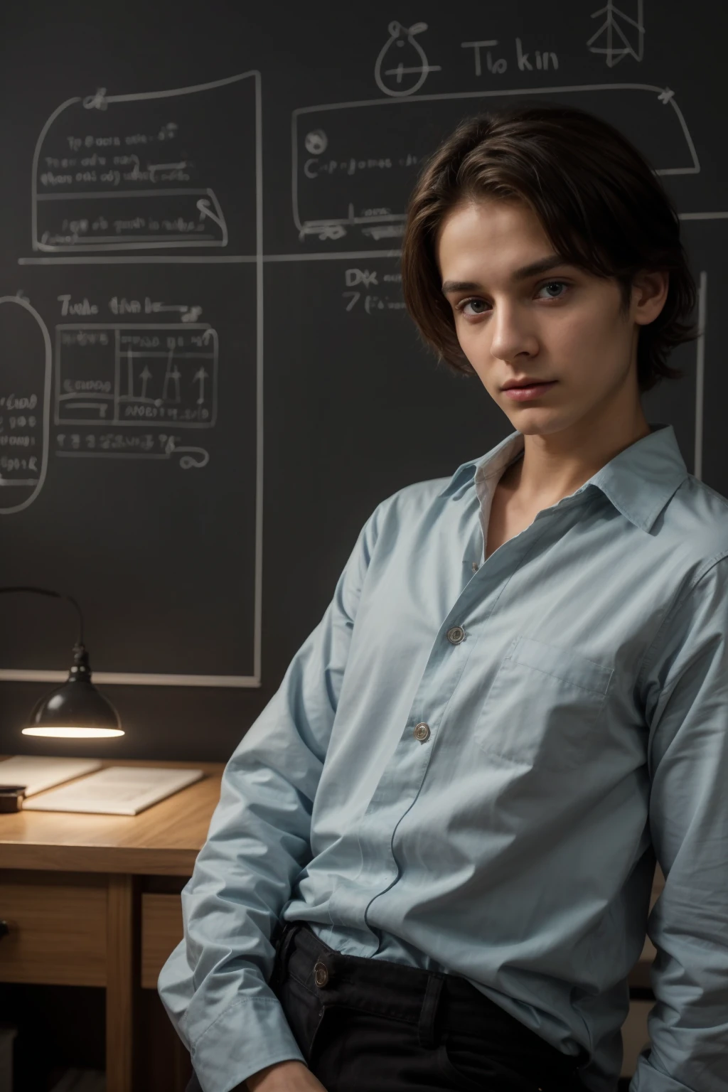 A young beautiful doctor, a twink, a cute male, with a face with make-up on, and he is wearing a long-sleeved aquamarine shirt and black jeans. He is in his luxurious scientific office, and behind him is a blackboard on which neurons and calculus are written, and he looks in amazement and shock, and his eyes have dark circles underneath them, and he is there.  Black hair and a red face with makeup