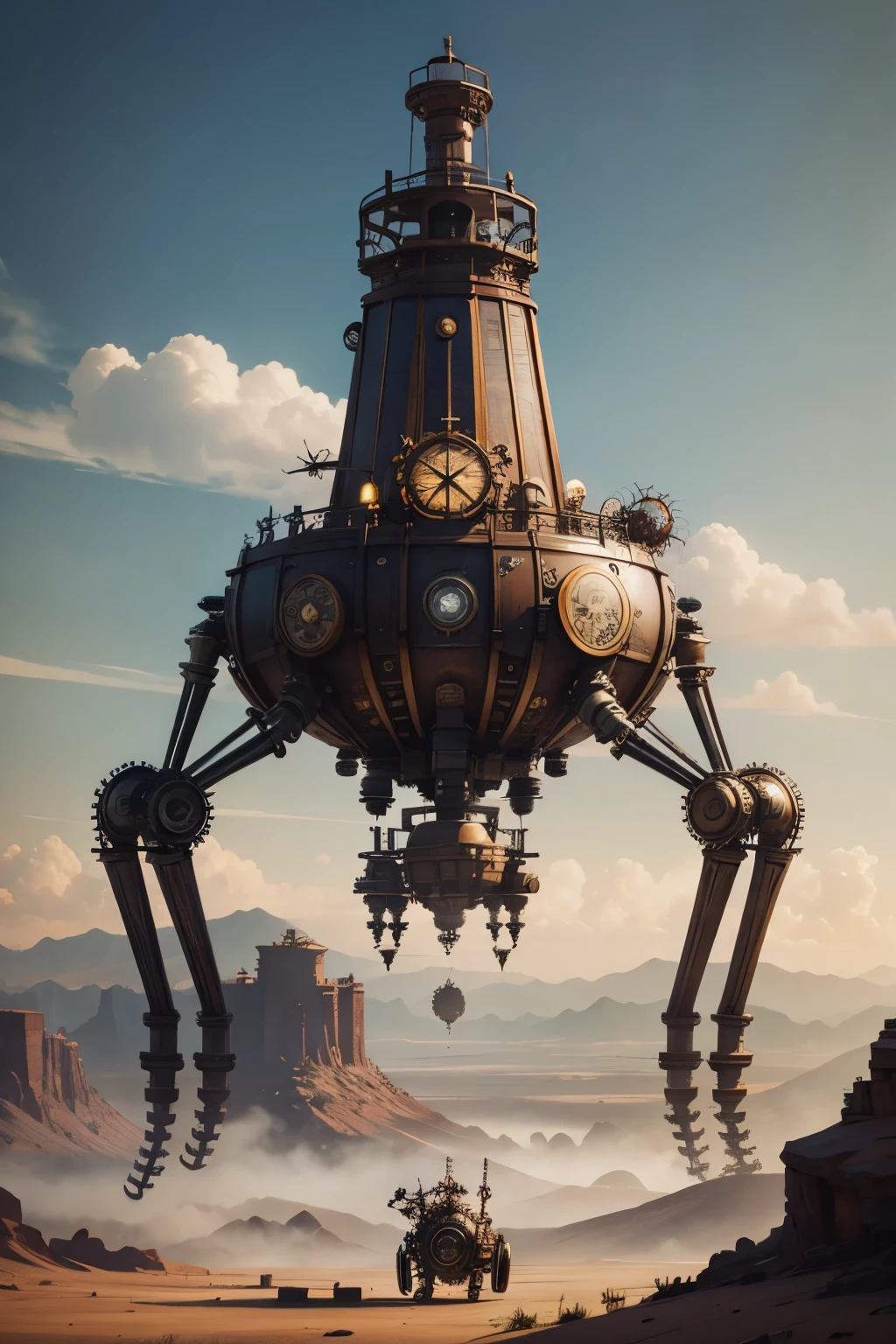 (Highest quality:1.2)。steampunkai。Steampunk Church。(((Has spider-like mechanical legs)))。The background is a wilderness like the American West.。