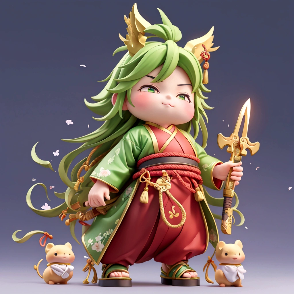 Boys，（Guan Yu：1.5），Mighty and domineering，chibi，armor，（green：0.5），long whiskers，Handheld weapons,（Long-handled knives：1.8），Chinese clothing，whole body