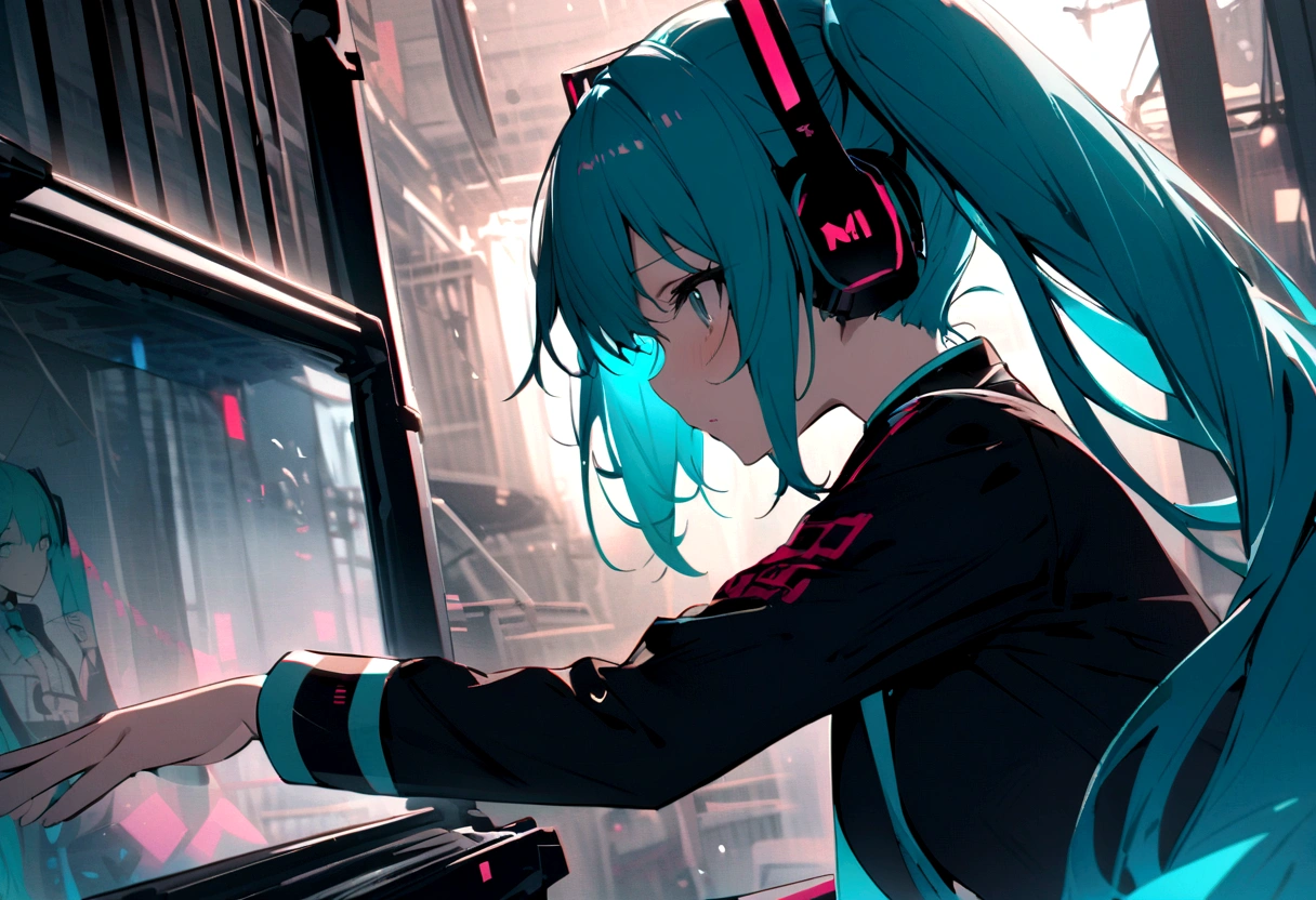 From the side、shout、sing、(((​masterpiece, hatsune miku, vocaloid, Super detailed、Digital Cage、Reaching out、Sad、shout、aloud、