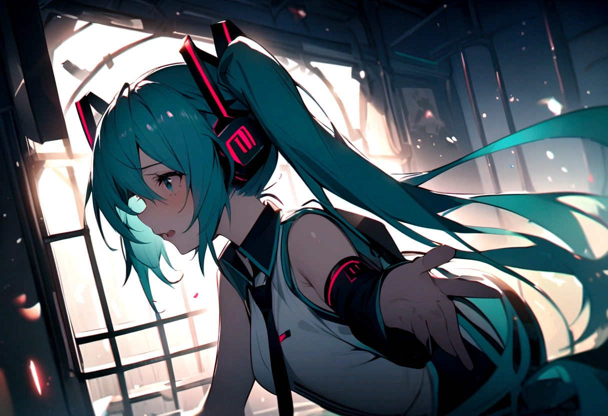 From the side、shout、sing、(((masterpiece, hatsune miku, vocaloid, Super detailed、Digital Cage、Reaching out、Sad、shout、aloud、