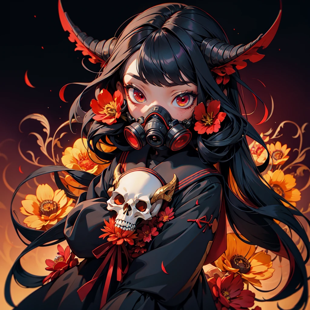 official art, unity 8k wallpaper, ultra detailed, beautiful and aesthetic, High quality, beautiful, masterpiece, best quality, (zentangle, mandala, tangle, entangle:0.6), flat color, limited palette, low contrast, 1girl, serafuku, long straight black hair, lycoris flower, goat skull, (red, black), (horror), (gloomy), blood, gasmask