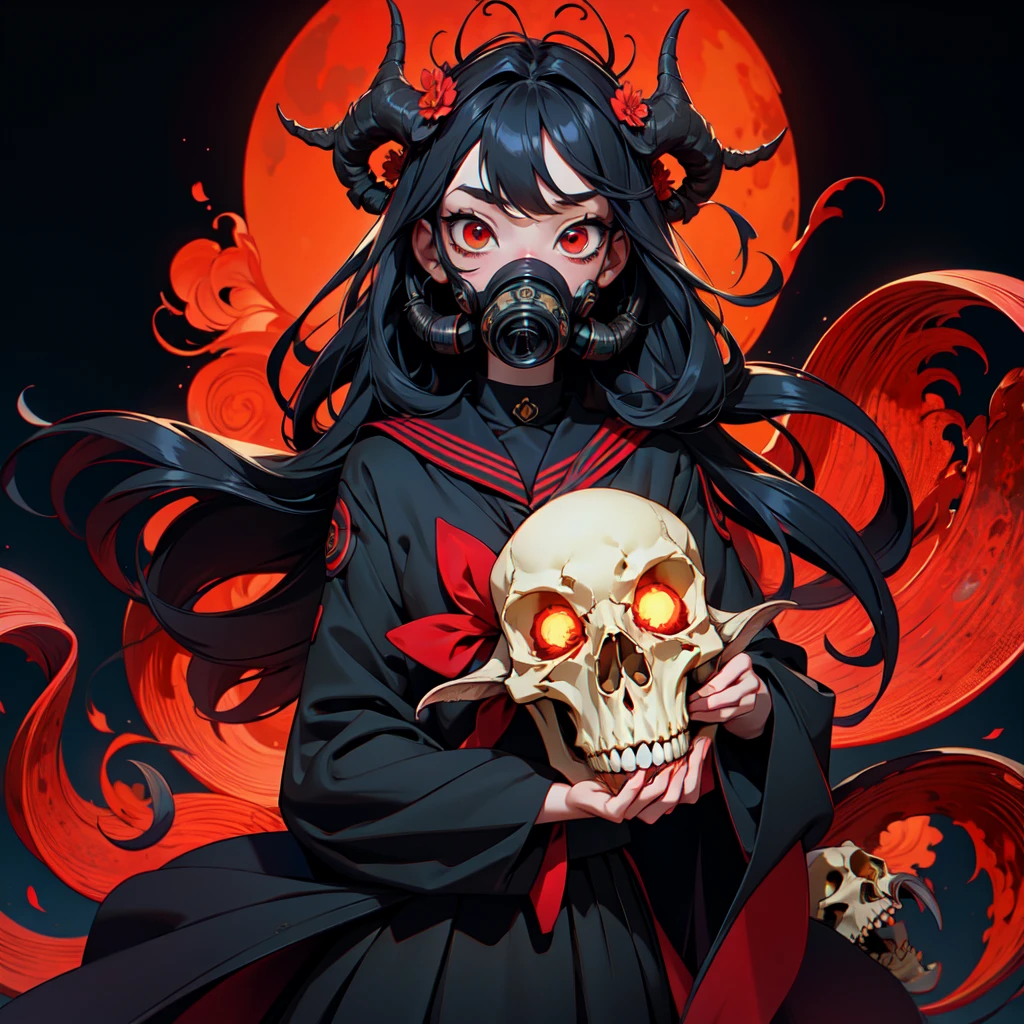 official art, unity 8k wallpaper, ultra detailed, beautiful and aesthetic, High quality, beautiful, masterpiece, best quality, (zentangle, mandala, tangle, entangle:0.6), flat color, limited palette, low contrast, 1girl, serafuku, long straight black hair, lycoris flower, goat skull, (red, black), (horror), (gloomy), blood, gasmask