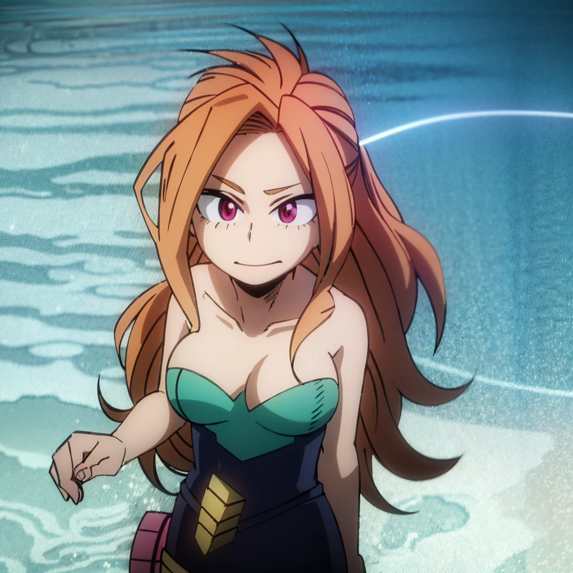 1girl, the siren, the mermaid, adagio dazzle, female focus, boku no hero academia, masterpiece, best quality, very aesthetic, big breasts, long wavy hair, orange hair, magenta eyes, smirk, golden mermaid tail, gills, beautiful, sunset sea