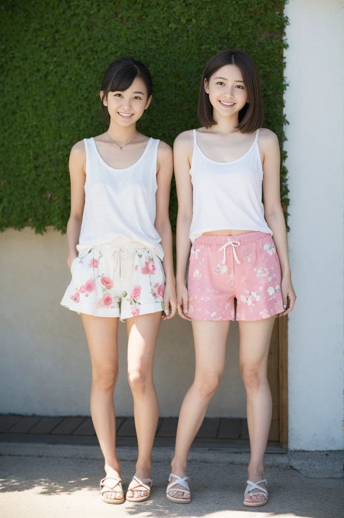 (two women:1.6),(Looking elsewhere:1.4)、(background,Barcelona:1.5)、(time,evening,6pm in Spring:1.2),(White skin and slender body,small ass、Very thin thighs:1.3)、(In 8K、RAW photo、highest quality、realistic、Photoreal、professional lighting、masterpiece、very delicate and beautiful、very detailed、finely、super detailed、High resolution、full shot)、1 Japan Girl、beautiful girl、17 years old、walking、The hem of the skirt turns up、I can see your panties、Angle from the side、full shot、realistic skin texture、(hairstyle、short hair,random hairstyles:1.5),(clothing,spring fashion,ランダムなclothing:1.2),(cotton panties,Fruit print:1.4)