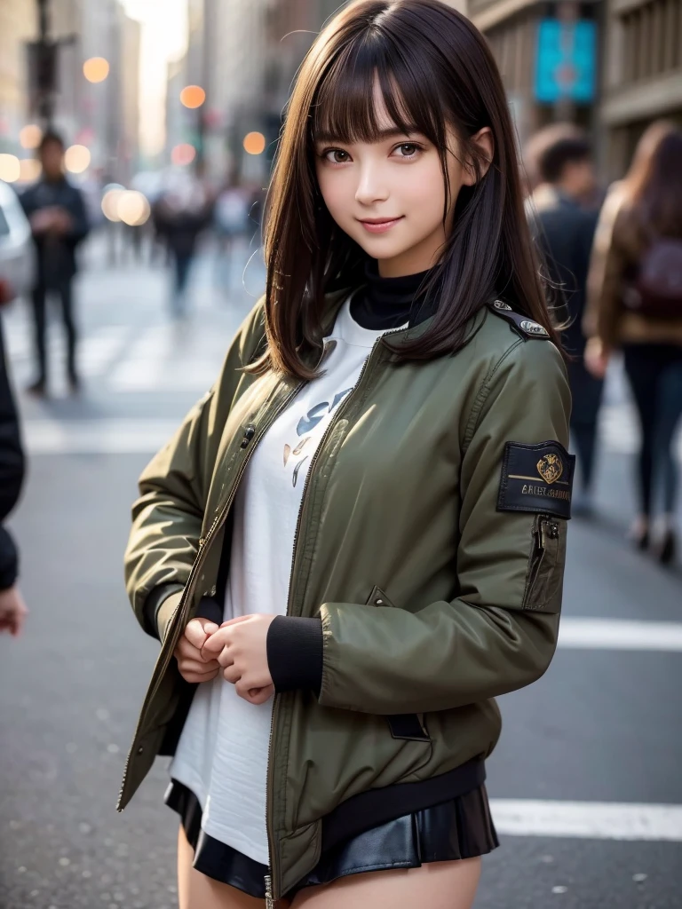 (8K, RAW Photos, Highest quality, masterpiece:1.2), (Realistic, photo-Realistic:1.4), (Highly detailed 8K wallpapers), ((Full Body Shot)), (1 girl), Sharp focus, Depth of written boundary, Cinematic lighting, Soft Light, 緻密な美しさのeye, eye_Chan, Very beautiful 17 year old girl, innocent big eyes, Realistic, photo Realistic, Highly detailed cute girl, (Thin thighs), (Model Body Type), 18-year-old, ((Khaki flight jacket)), (Black leather micro mini skirt), (((Fold your arms in front of your chest and act arrogantly))), ((A happy smile)), Parted lips, Watching the audience, (On the streets of New York) , (Brown Hair),（Long Bob Hair), (Asymmetrical bangs)