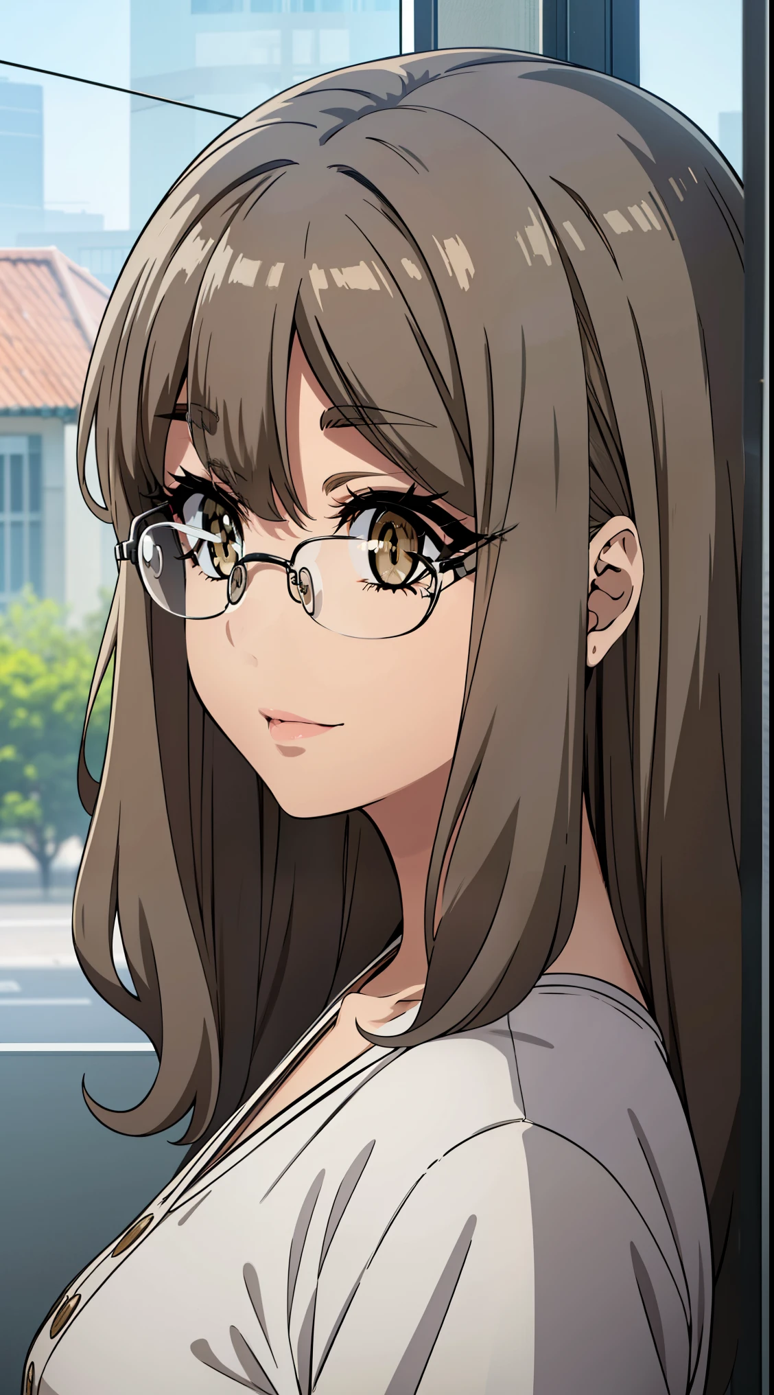 (masterpiece, best quality), intricate details, thin, ((slim)), beautiful girl, perfect face, expressive eyes, 1 girl, alone,riofutaba, rio futaba, black-framed eyewear, (brown eyes:1.7), glasses, (grey hair:1.2), hair between eyes, over-rim eyewear, semi-rimless eyewear, long hair, sidelocks, white skin, sharp jawline, dress, messy hair, plump lips, upper body, close up, smile, closed mouth,