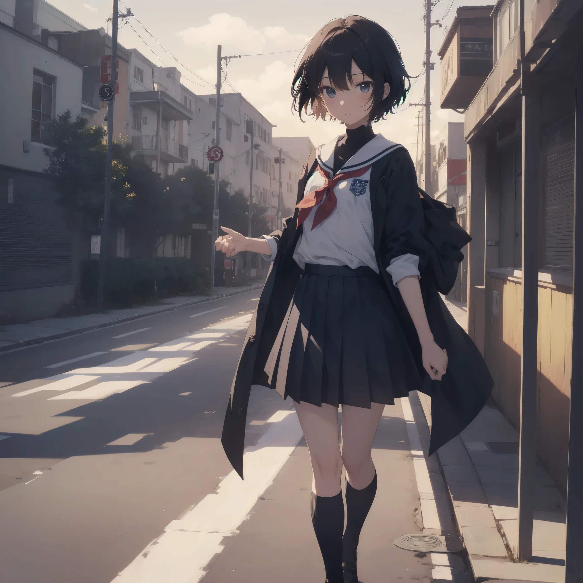 ultra-absurdres-Top quality by artist God, ultra-detailed, high resolution, anime moe artstyle, best anime 8k konachan wallpaper, pixiv contest winner, pool:2810, perfect anatomy,break, 1girl, (Please draw a girl walking sleepily to school alone. )break,(Solo,little female, 13-year-old:1.3),Full limbs, complete fingers,a junior high school student, (very short hair), short cut, flat chest, , small butt, small black eyes, beautiful detailed eyes, well-proportioned iris and pupils, expressive eyes, highres detailed hair, soft expression, salor school_uniform, sailor collar, serahuku, bow, pleated skirt,(Detailed Lighting), (Detailed background), in the School commute route. break,super detailed skin, Best cinematic lighting powered by famous artist, 8k,beauty illustration,photoshop_(medium),very aesthetic,break,((artist:wa_(genryusui) )), artist:clamp ,artist:carnelian ,artist:kantoku ,