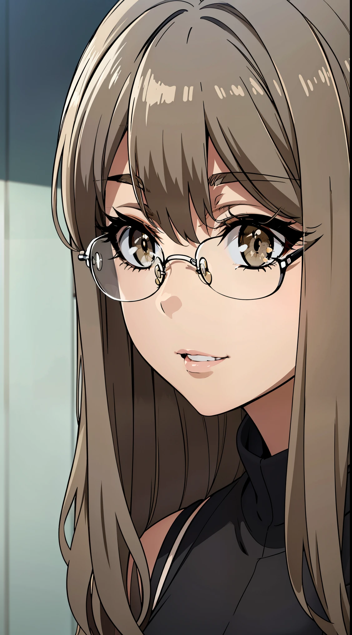 (masterpiece, best quality), intricate details, thin, ((slim)), beautiful girl, perfect face, expressive eyes, 1 girl, alone,riofutaba, rio futaba, black-framed eyewear, (brown eyes:1.7), glasses, (grey hair:1.2), hair between eyes, over-rim eyewear, semi-rimless eyewear, long hair, sidelocks, white skin, sharp jawline, dress, messy hair, plump lips, upper body, close up, smile, closed mouth,