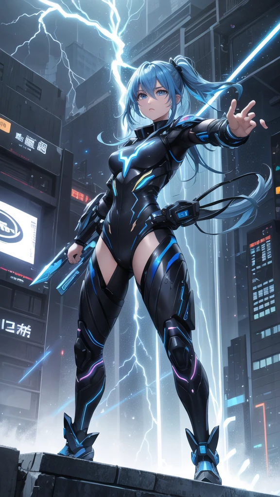 real、Lightning aura、Lightning Energy、Fighting Pose、Blue Hair、cyber punk、Thunder in the background、whole body、Lightning costume、Fighting face、High quality, Ultra detailed, best quality, insanely detailed, beautiful, masterpiece