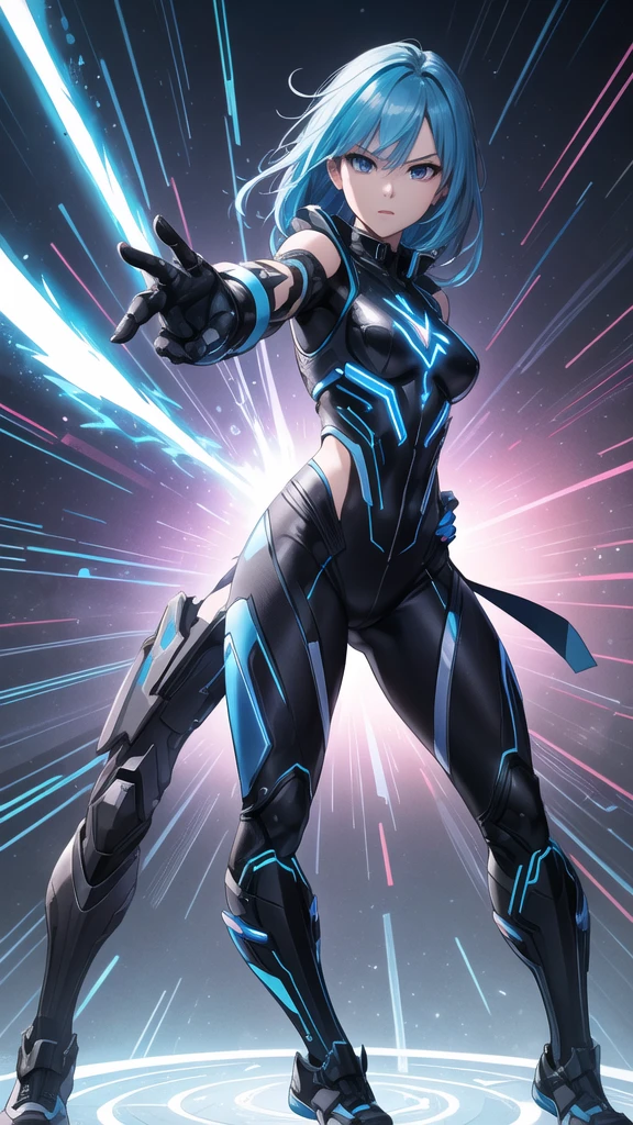 real、Lightning aura、Lightning Energy、Fighting Pose、Blue Hair、cyber punk、Thunder in the background、whole body、Lightning costume、Fighting face、High quality, Ultra detailed, best quality, insanely detailed, beautiful, masterpiece