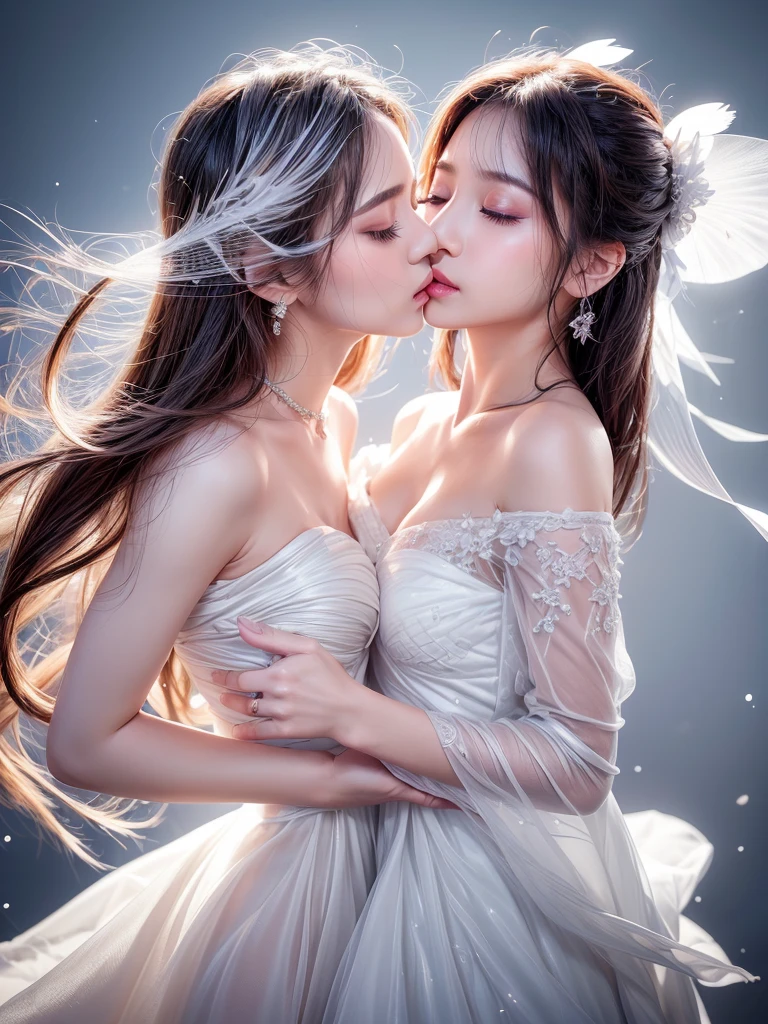 White Background、Professional Lighting、(((Professional Lighting 1.5)))、Translucent skin texture、Beautiful Skin、Beautiful Skin、、Off the shoulder、White Dress、See-through、fluttering feathers、Ecstasy of Musical Notes、((Kiss pose))、Face close-up