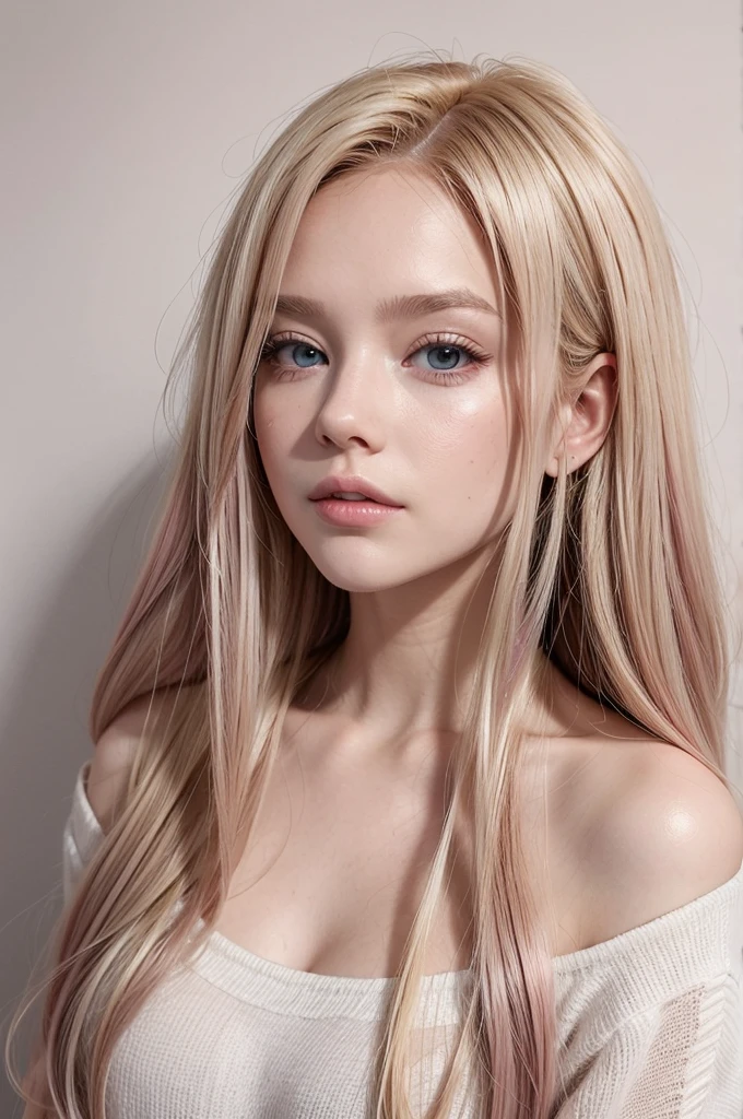 A woman with blonde hair and pink tips, she is brunette 