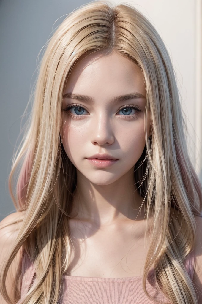 A woman with blonde hair and pink tips, she is brunette 