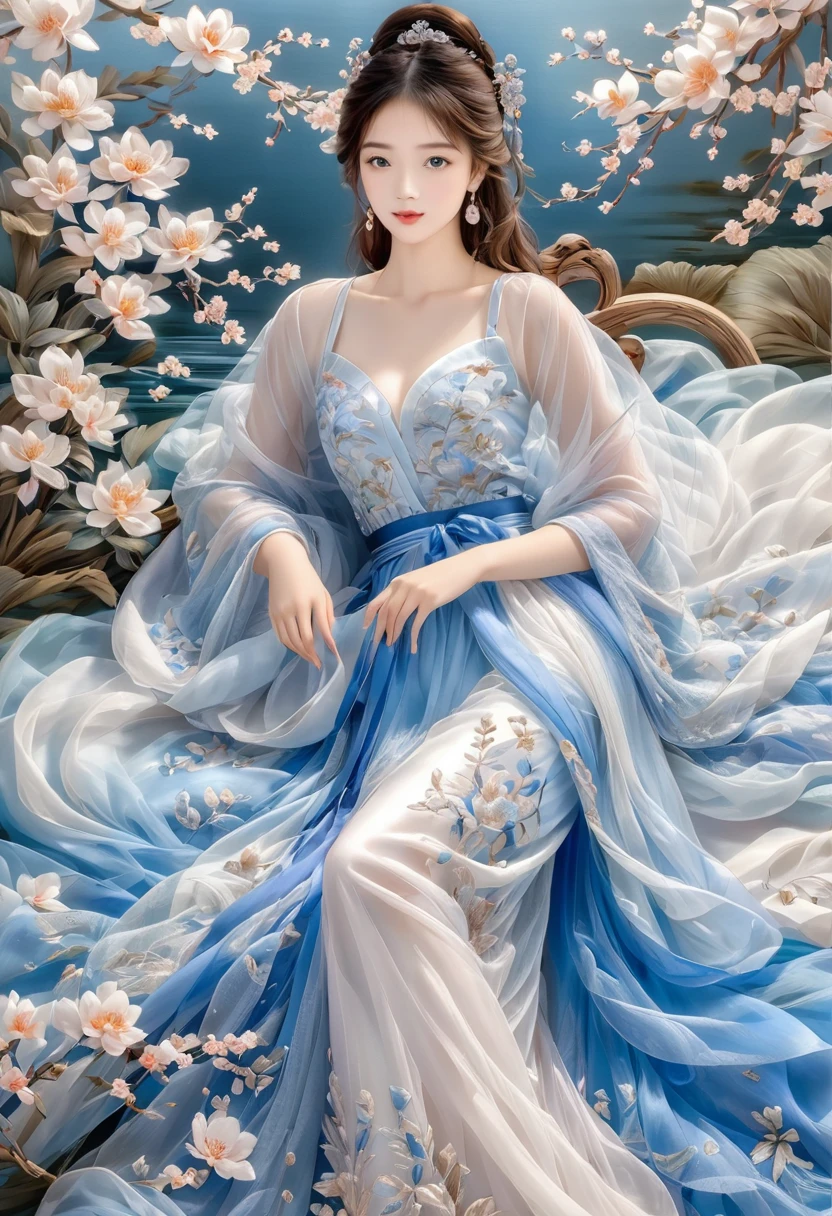 embroidery,Three-dimensional embroidery,(A picture of blue ornate Suzhou embroidery hangs on the wall),blue-white petals, Silk material embroidery, Inspired by Yao Jianping’s dream of Su embroidery works,translucent,abundant ,painting on silk, alcohol ink art