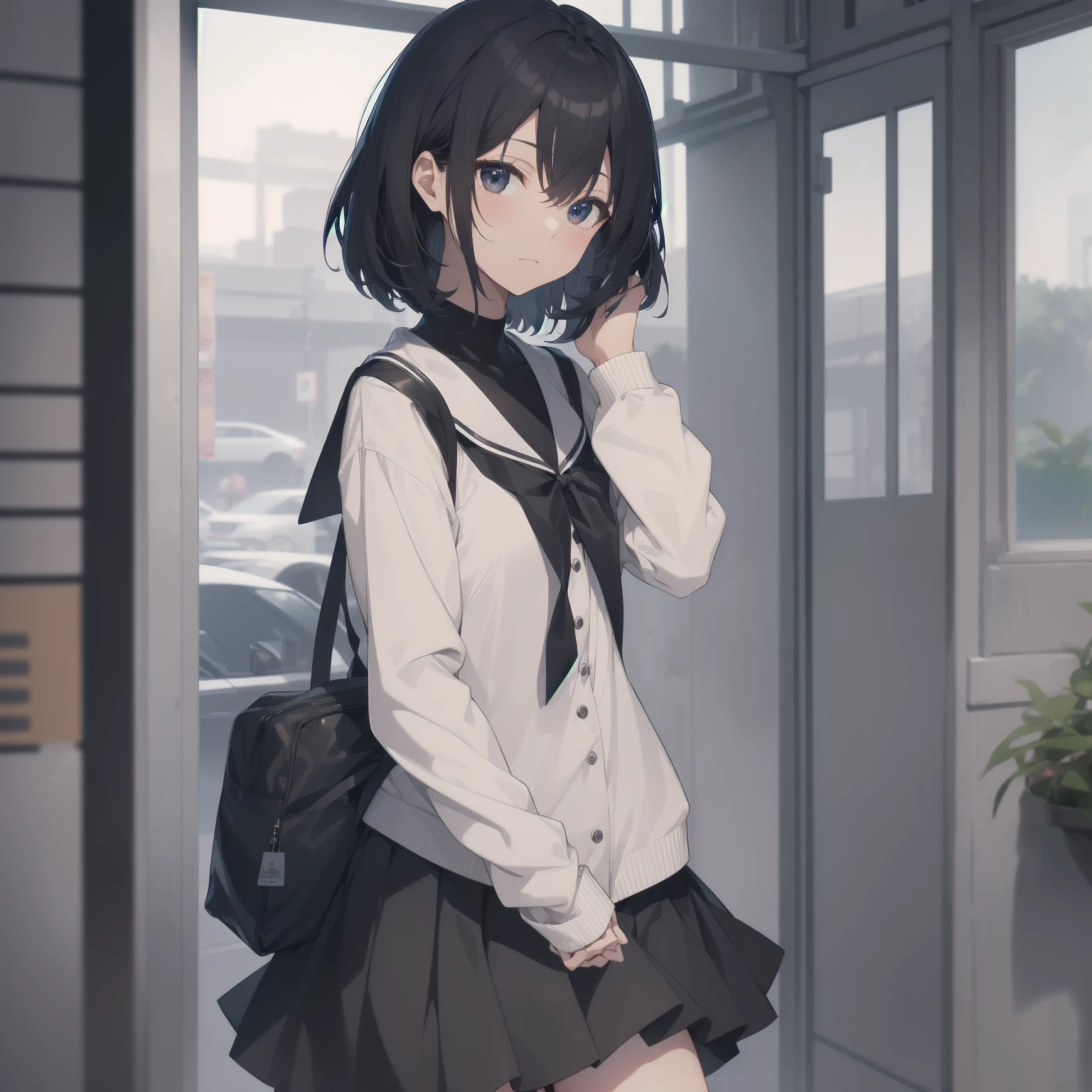 ultra-absurdres-Top quality by artist God, ultra-detailed, high resolution, anime moe artstyle, best anime 8k konachan wallpaper, pixiv contest winner, pool:2810, perfect anatomy,break, 1girl, (Please draw a girl walking sleepily to school alone. )break,(Solo,little female, 13-year-old:1.3),Full limbs, complete fingers,a junior high school student, (very short hair), short cut, flat chest, , small butt, small black eyes, beautiful detailed eyes, well-proportioned iris and pupils, expressive eyes, highres detailed hair, soft expression, salor school_uniform, sailor collar, serahuku, bow, pleated skirt,(Detailed Lighting), (Detailed background), in the School commute route. break,super detailed skin, Best cinematic lighting powered by famous artist, 8k,beauty illustration,photoshop_(medium),very aesthetic,break,((artist:wa_(genryusui) )), artist:clamp ,artist:carnelian ,artist:kantoku ,
