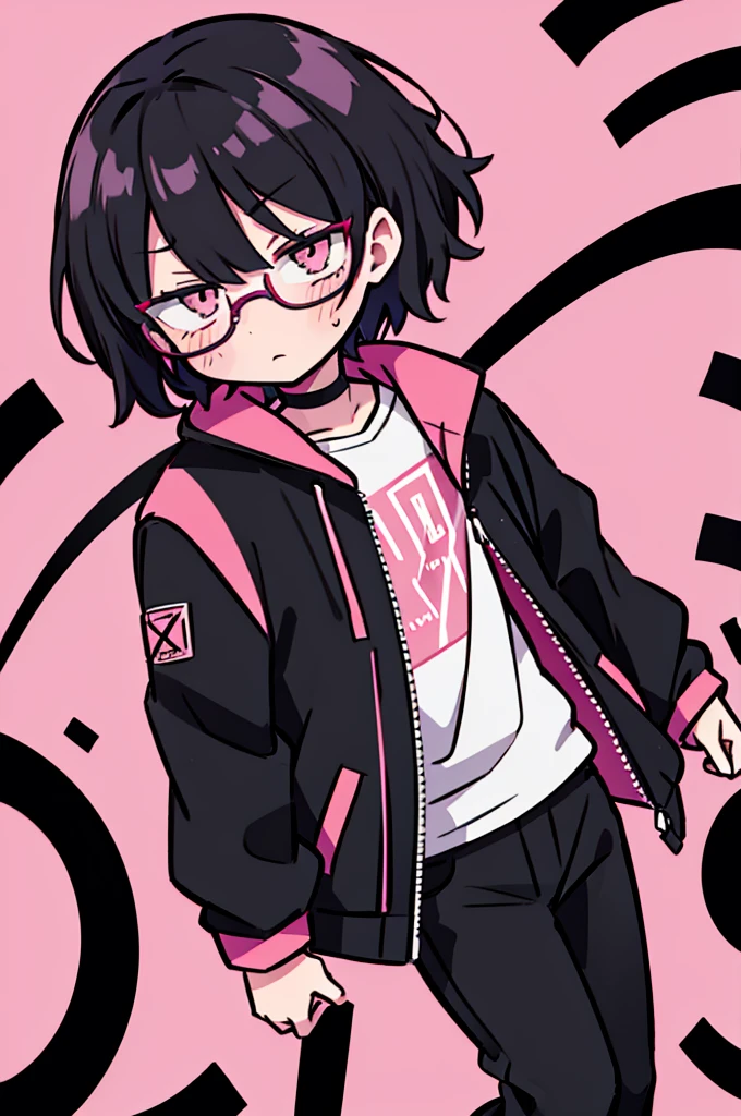 black pants, Sharp image, man, Black hair with pink ends, wearing a pink jacket. , has a dull, bored face, wears round glasses, has short, neat hair,