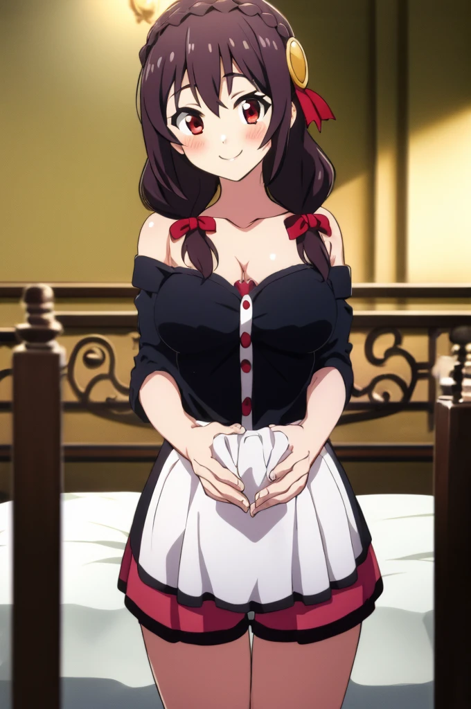 (masterpiece, Highest quality), One girl, Yunyun,Long Hair,Braiding,Twin tails,Hair between the eyes,Red hair ribbon,hair ornaments,large round breasts,、Black Hair、Red Eyes、(smile:1.2)、bed、Crown Blade,Yellow off-the-shoulder pajamas、Black shorts、cowboy shot、(blush)、bedに座ってる