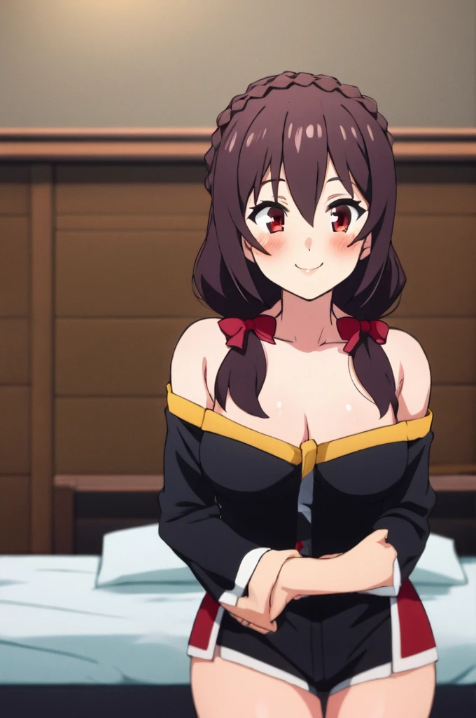 (masterpiece, Highest quality), One girl,    Yunyun,Long Hair,Braiding,Twin tails,Hair between the eyes,Red hair ribbon,hair ornaments,large round breasts,、Black Hair、Red Eyes、(smile:1.2)、bed、Crown Blade,Yellow off-the-shoulder pajamas、Black shorts、cowboy shot、(blush)、bedに座ってる