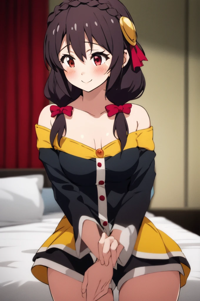 (masterpiece, Highest quality), One girl, Yunyun,Long Hair,Braiding,Twin tails,Hair between the eyes,Red hair ribbon,hair ornaments,large round breasts,、Black Hair、Red Eyes、(smile:1.2)、bed、Crown Blade,Yellow off-the-shoulder pajamas、Black shorts、cowboy shot、(blush)、bedに座ってる