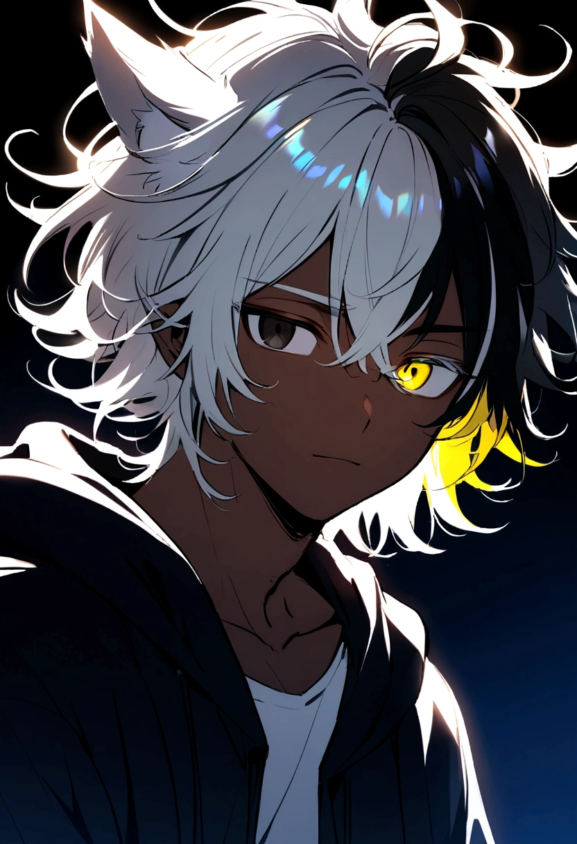 white  shirt, wearing a black hoodie , yellow and black eyes heterochromia , Calm expression, Messy hair , Medium length hair , 1 men , multicolored black and white hair , two tone hair , dark skin color, with wolf ears 